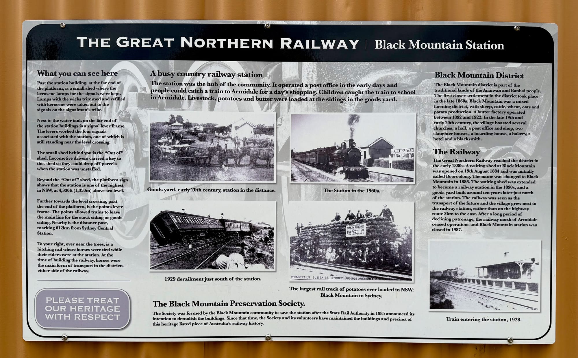 One of the signs showcasing the history of the Black Mountain railway station